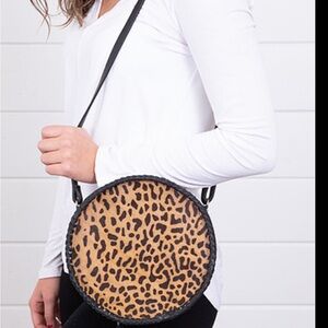 Antik Kraft Zip Top Leather Animal Print Round Crossbody Bag